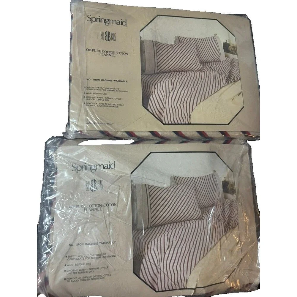 VINTAGE SPRINGMAID BY BILL BLASS TWIN FITTED SHEET, FLAT SHEET FLANNEL STRIPPED